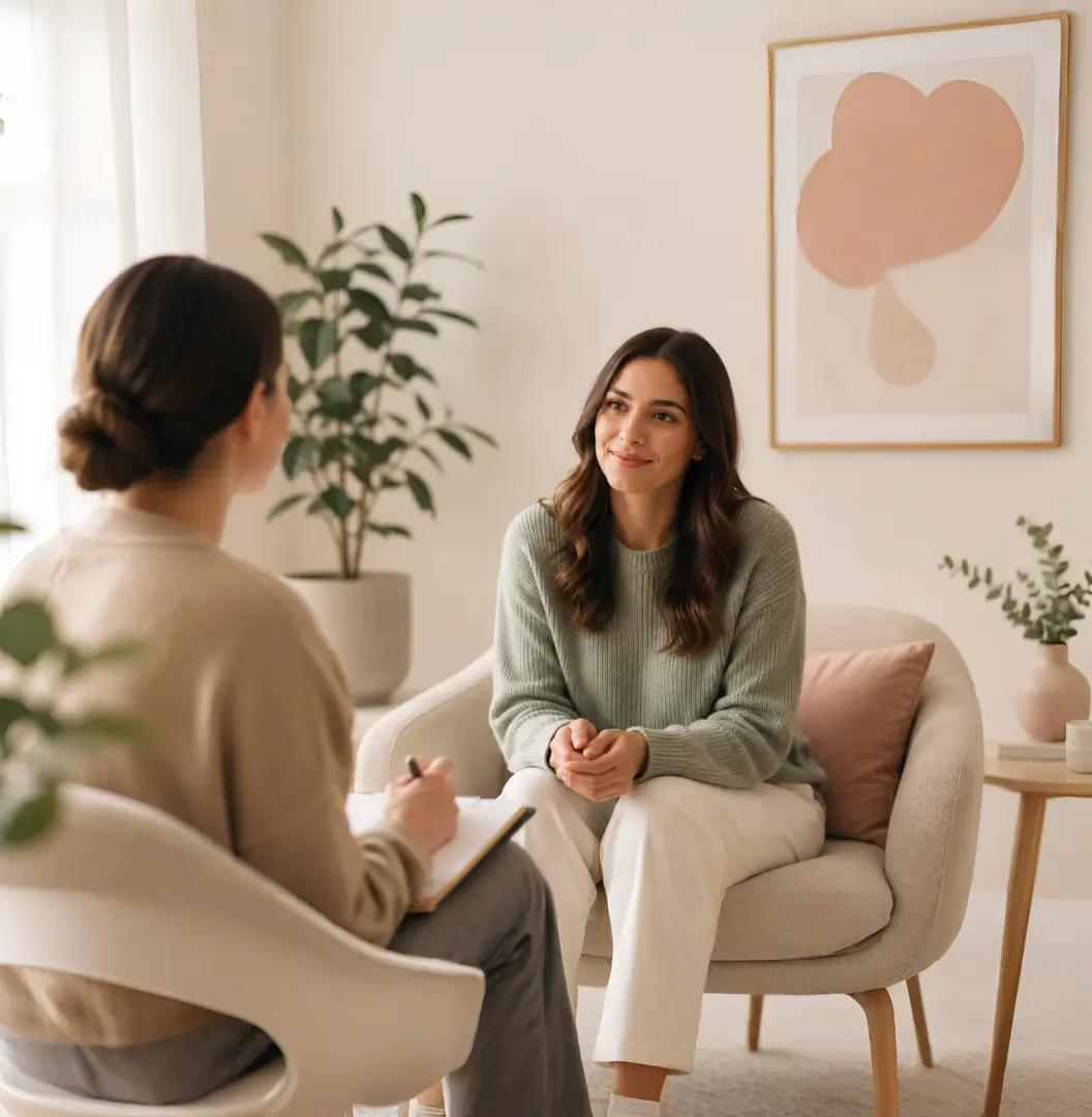 A therapist listening to a client in a bright, calm office