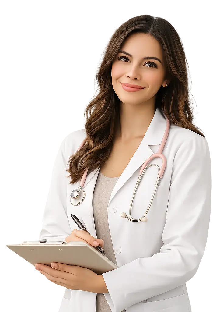 A clinician holding a clipboard, ready to help