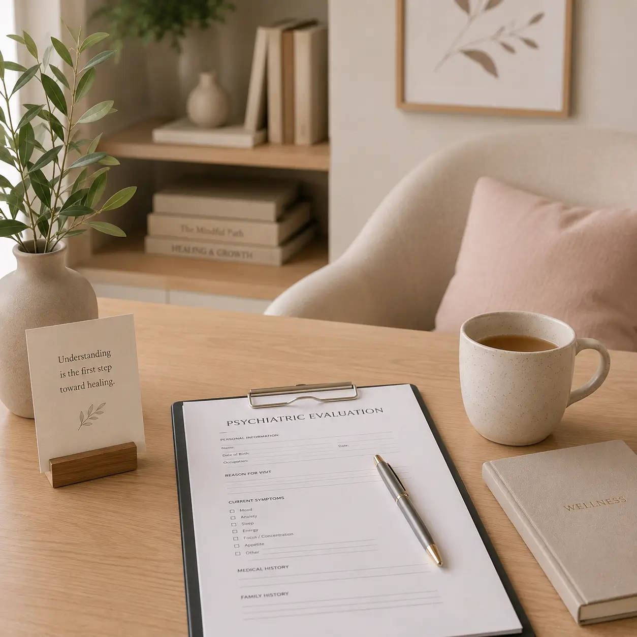A psychiatric evaluation form on a desk with a cup of tea